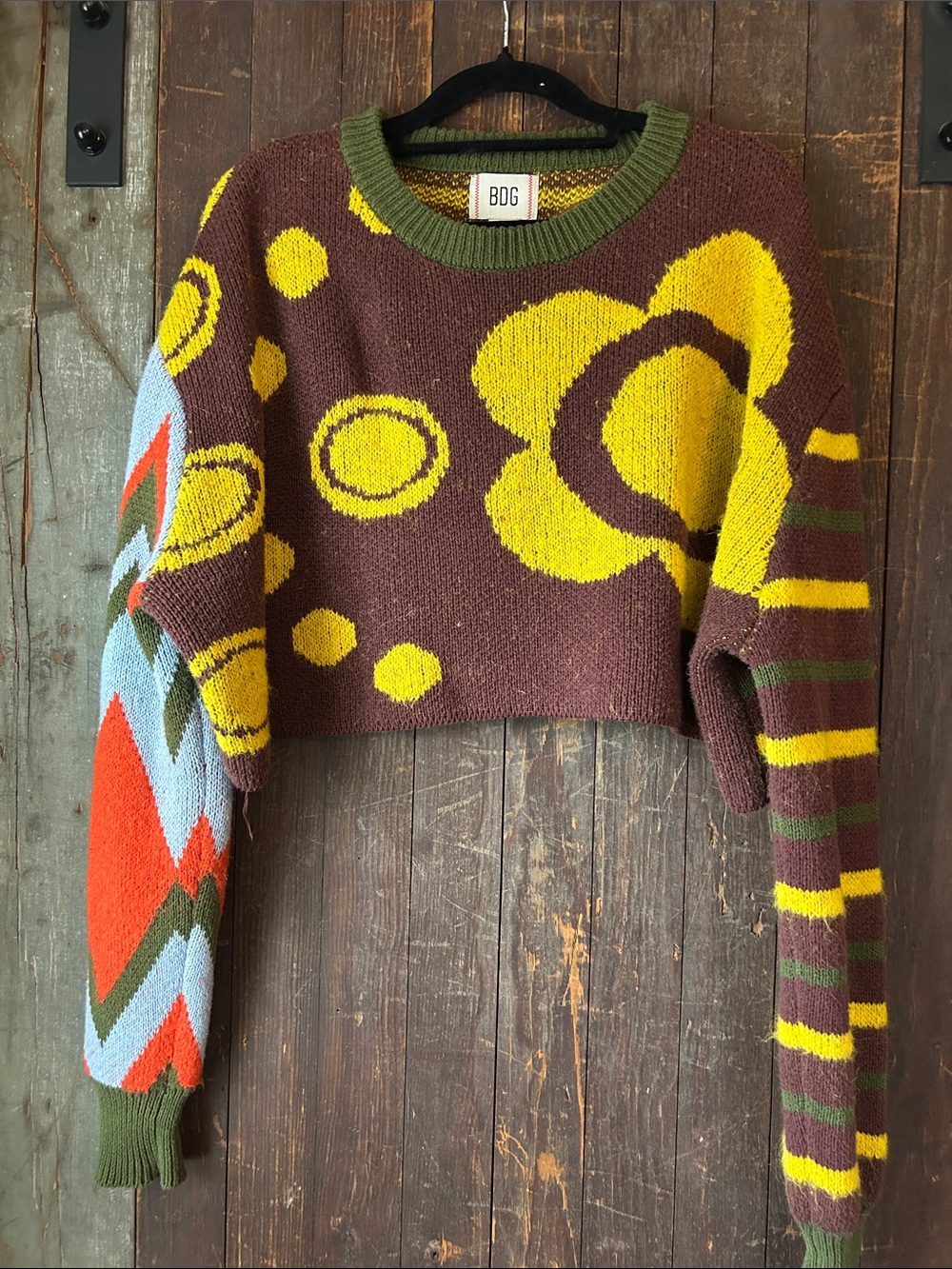 BDG Brown Cropped Crewneck Sweater with Yellow Floral and Multicolor Sleeves